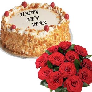 Red Roses with New Year Cake